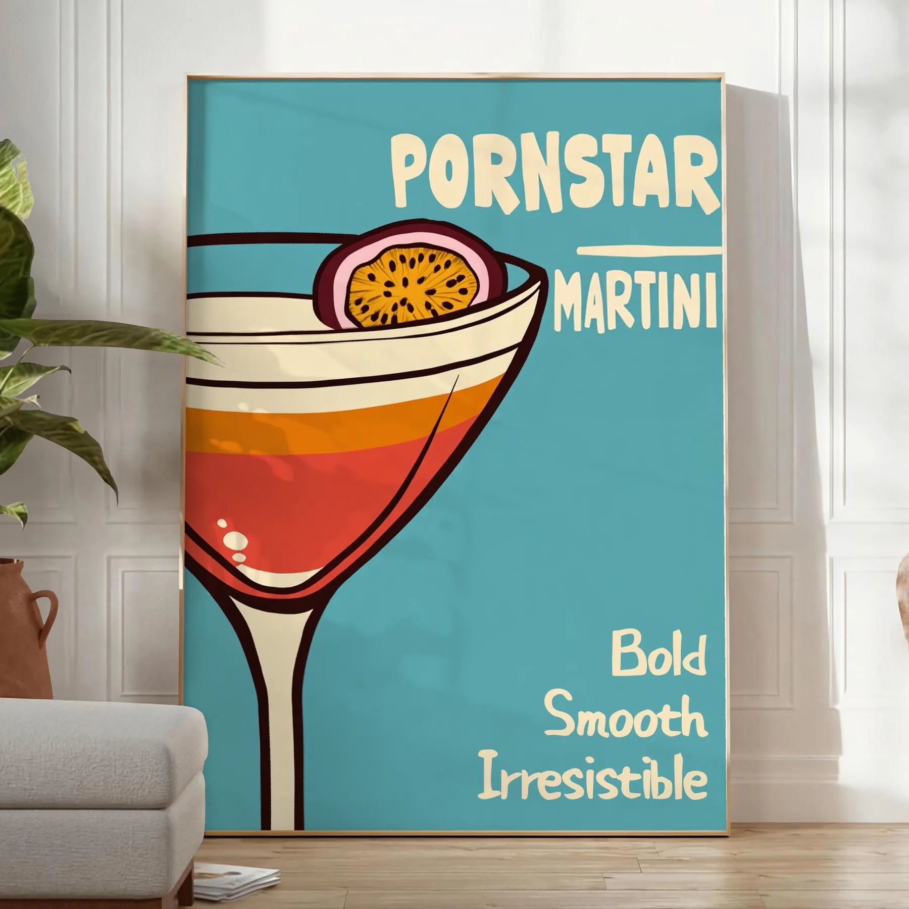space stylish pornstar martini cocktail poster sleek black brown design lovers art enthusiasts touch elegance room various print dimensions A4 cm A0